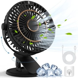 COZII Mini Ventilator, USB Ventilator Clip Ventilator Tischventilator mit LED-Anzeige, 5 Geschwindigkeiten 720° Drehung, 16cm Tragbarer Ventilator Leise für Zuhause, Büro, Outdoor, Reisen (Schwarz) - 1